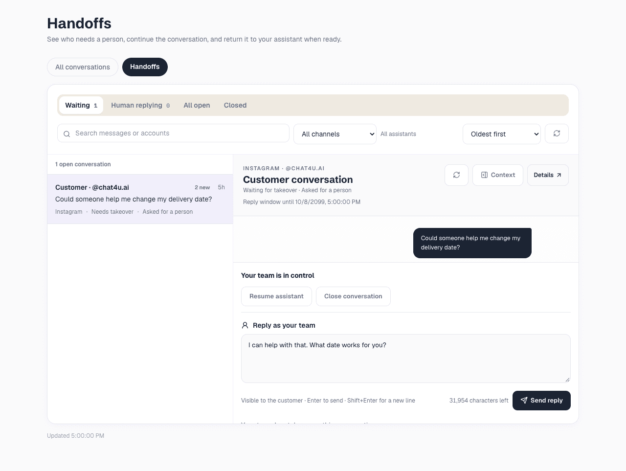 Illustrative Handoffs inbox showing an Instagram conversation, team reply composer, and Resume assistant control.